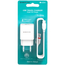 Power adapter USB Borofone BA20A 2.1A + MicroUSB cable (White)